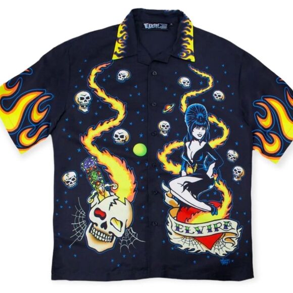 Short Sleeve Graphic Elvira Flames Button Down Hawaiian Shirt - Picture 3 of 3